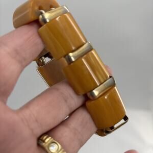 Bakelite Brass Stretch Bracelet Vintage Butterscotch Domed Beads